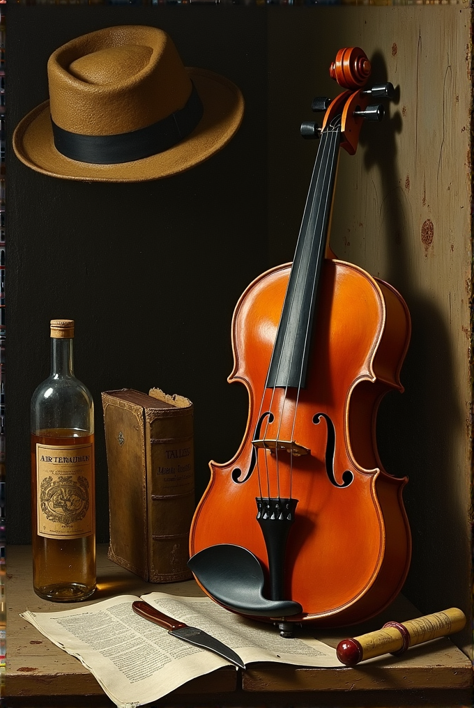 A still life featuring a violin, a vintage hat, a book, a wine bottle, and an old manuscript on a wooden table.