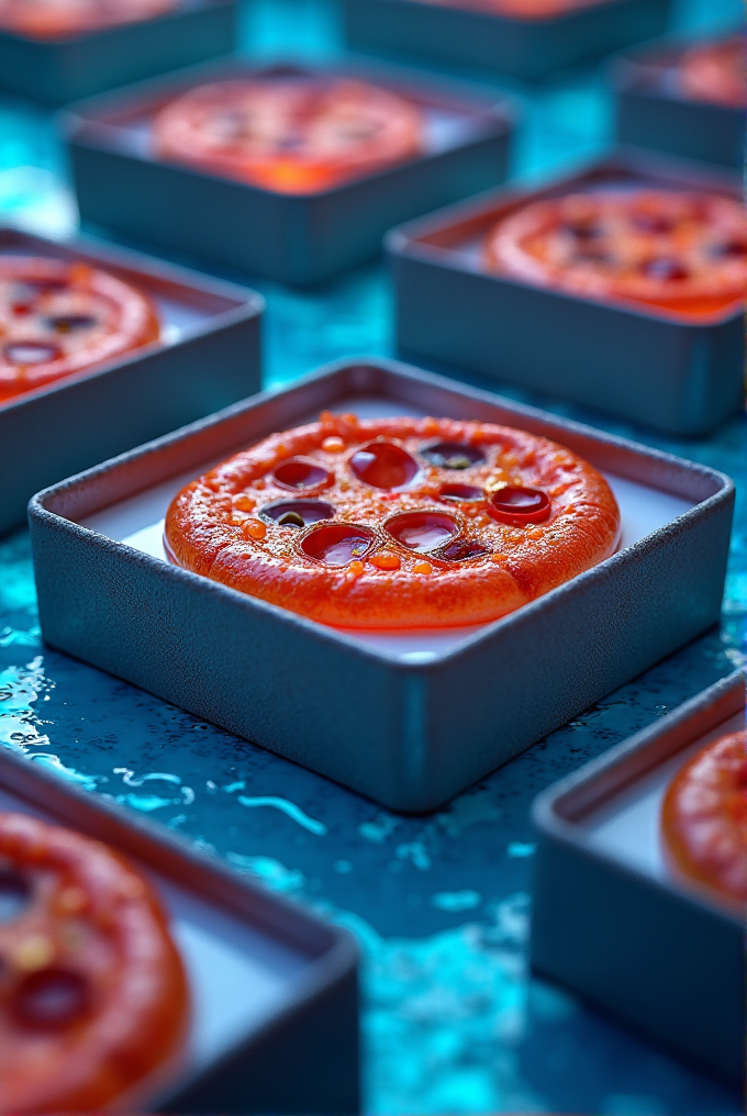 A close-up of square molds containing miniature pizzas on a textured blue surface, featuring vibrant toppings.