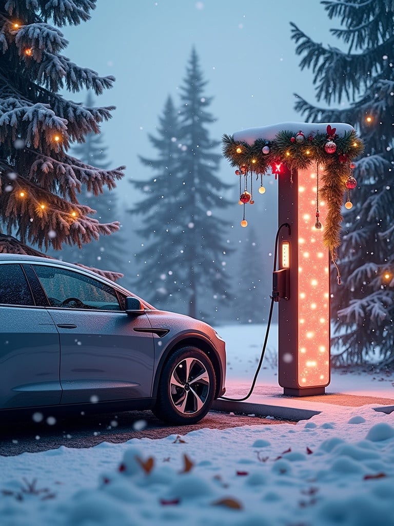 Electric vehicle charging station decorated for Christmas in a winter setting, snow-covered trees in background, gentle snowfall, patterned lights on the charging station.