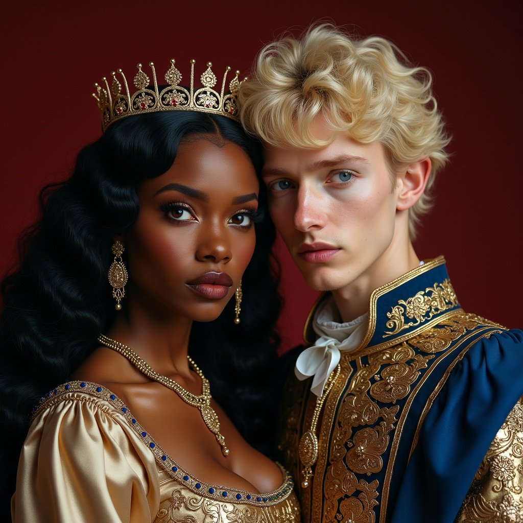 Regal black woman with long black hair and violet eyes wears opulent attire. Young pale man has light blonde hair and blue eyes. Both embody royal figures from the Renaissance period.