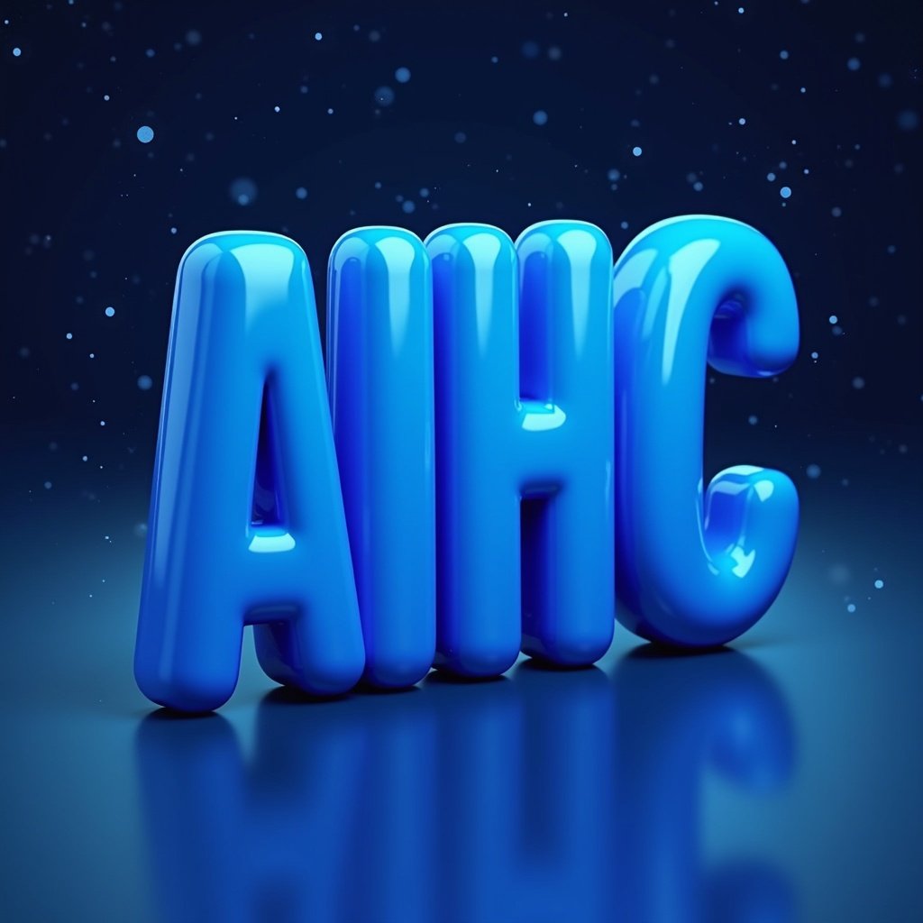 Glossy rounded 3D letters AIHC in vibrant blue color. Smooth surface reflects light. Stands out against space background. Versatile for design. Modern aesthetic for education and promotion.