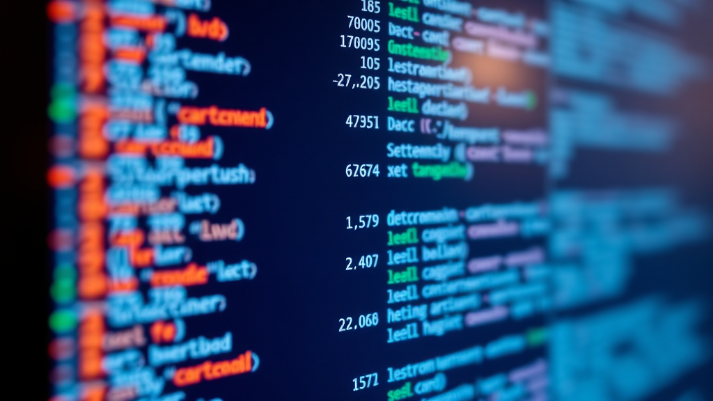 The image shows colorful lines of code on a computer screen, sharply in focus in the foreground and blurred in the background.