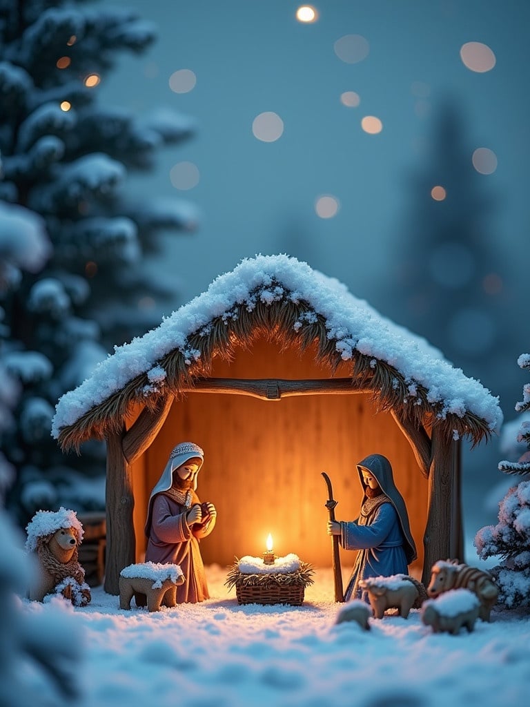 A nativity scene set in a snowy landscape. The scene includes figures of Mary and Joseph by a manger. Soft candlelight creates a warm atmosphere. Surrounded by snow-covered trees and glowing lights in the background. Inspiring a sense of joy and festivity.