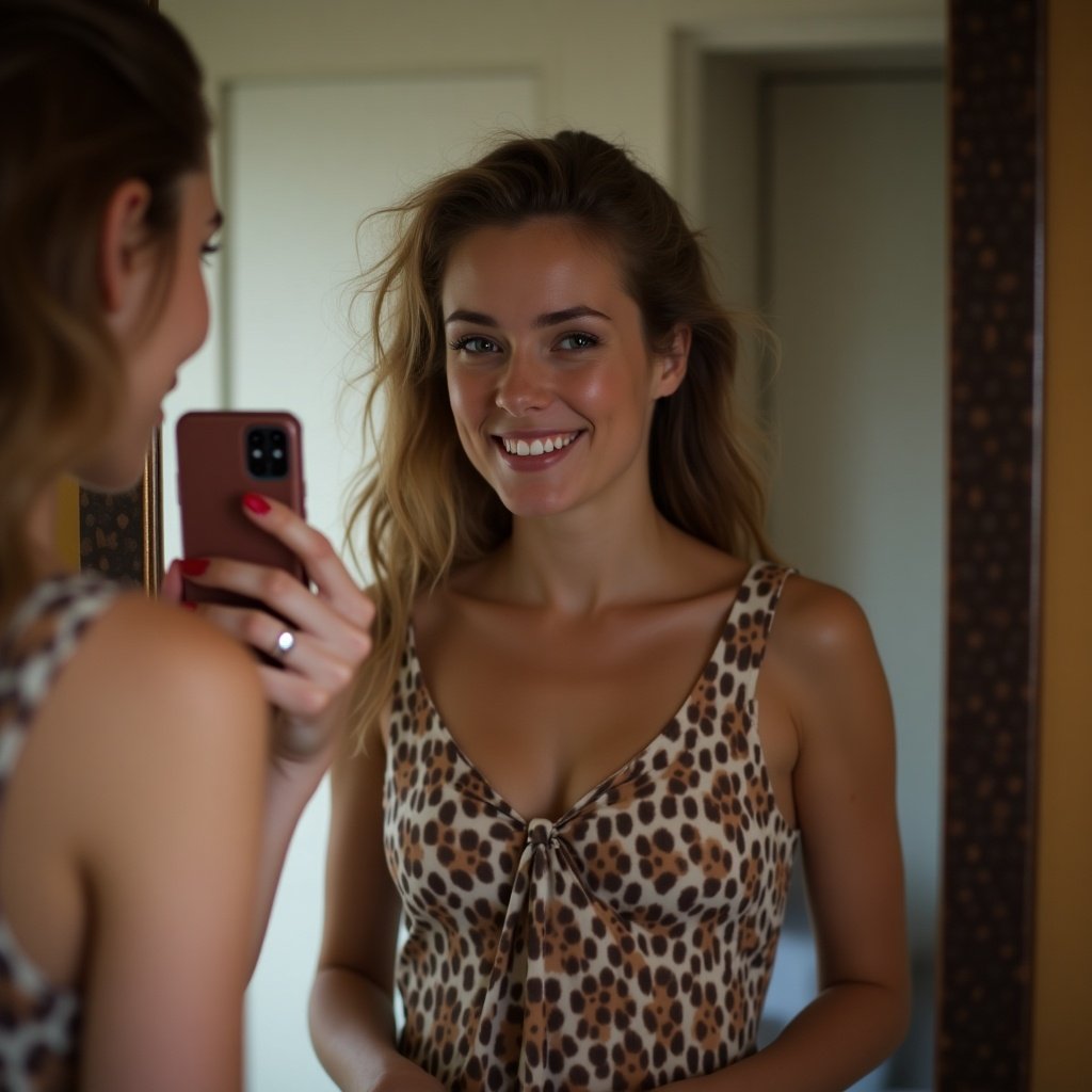 A young British woman takes a selfie in front of the mirror. She smiles confidently, showcasing her radiant beauty. The woman is wearing a trendy leopard print outfit, which adds a stylish touch to the image. The setting is illuminated by soft natural light, enhancing her features. The reflection in the mirror captures her joyful demeanor perfectly.