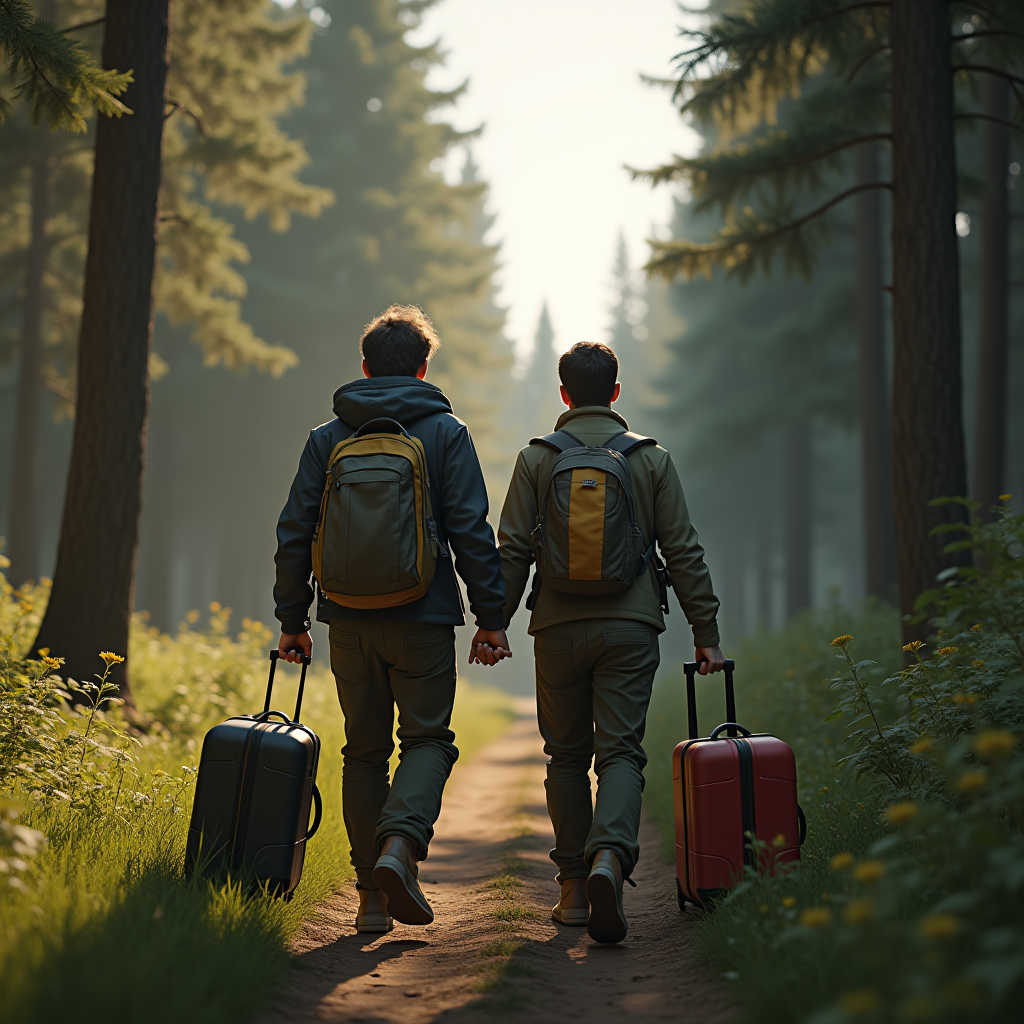 Two people walking hand in hand through a forest path, each pulling a suitcase and carrying a backpack, surrounded by tall trees and soft sunlight.