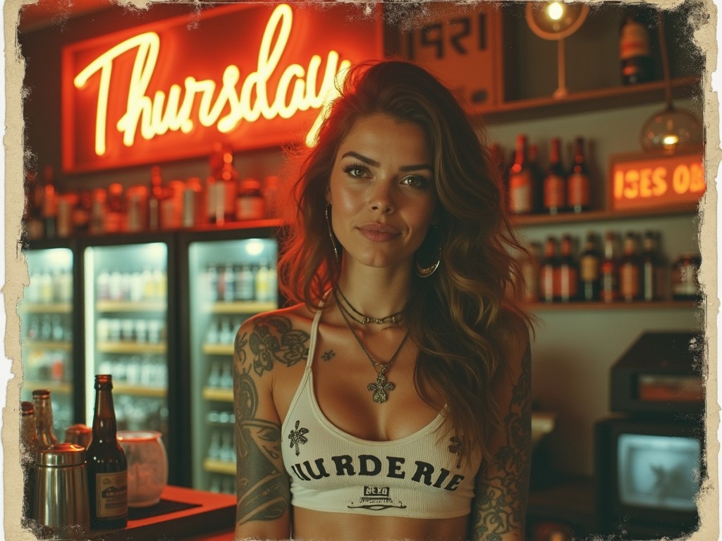 A tattooed woman in a vintage bar setting with neon signs and bottles in the background, exuding a retro and nostalgic vibe.