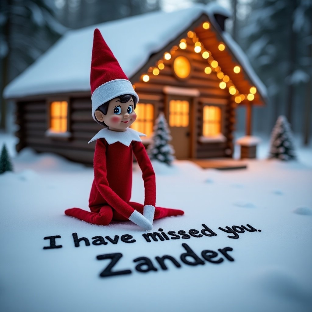 This image features an Elf on the Shelf in a winter wonderland. The elf is dressed in a classic red outfit, writing 'I have missed you Zander' in the snow. Behind it, a cozy cabin glows with warm lights. The snowy setting creates a magical holiday atmosphere. The elf's cheerful expression adds to the light-heartedness of the scene. It captures the joy and whimsy of Christmas traditions. This festive image evokes feelings of nostalgia and warmth during the holiday season.