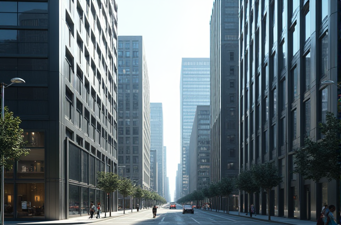 A wide street is lined with tall modern buildings and small trees, with a few cars driving and people walking.