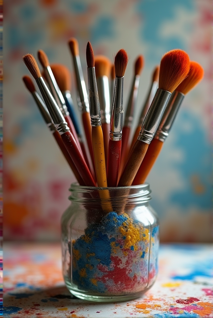 A glass jar holds paintbrushes, surrounded by vibrant colored powders.