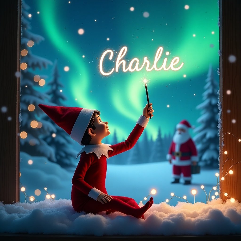 An elf sits with its back to viewers. The elf gazes upwards. The elf uses a wand to write 'Charlie' in the night sky. Northern lights are in the background. Santa Claus is in the distance. Snow blankets the ground. This captures holiday joy and wonder.