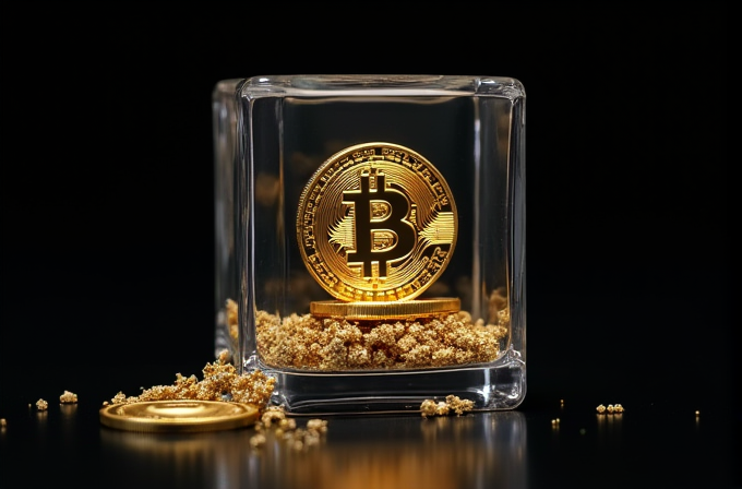 A golden Bitcoin rests inside a transparent cube surrounded by small gold pieces on a dark background.