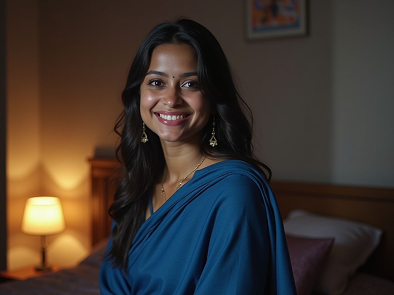 A beautiful 21-year-old woman from Mumbai is sitting in her cozy bedroom. She is wearing a flowy blue saree and appears to have just woken up. Her fair skin glows in the soft lighting, and she’s smiling warmly without any makeup. The warm glow of a bedside lamp adds to the intimate setting. The simplicity of her look speaks to a relaxed morning atmosphere. This serene moment captures her natural beauty and the comfort of her surroundings.