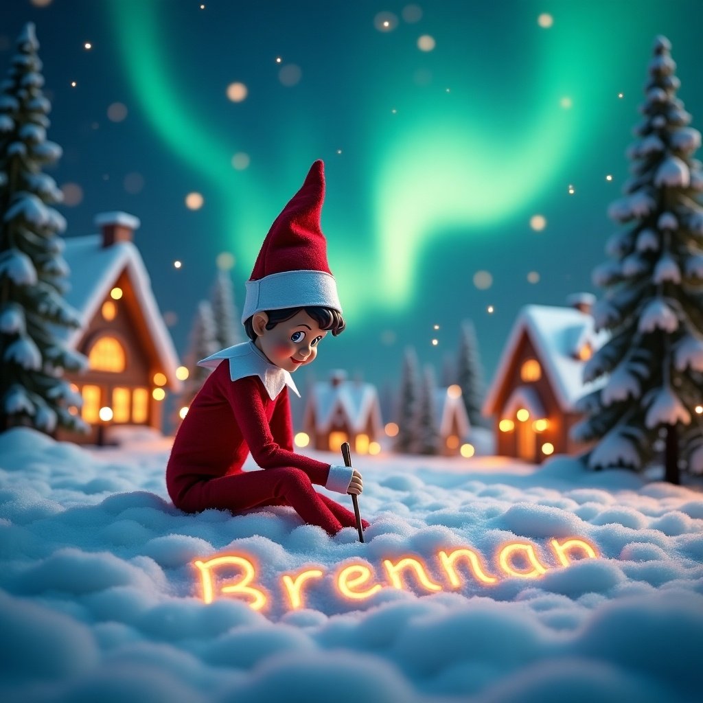 A snowy scene with an Elf on the Shelf writing 'Brennan' in the snow. The background shows a vibrant aurora borealis, cozy houses with glowing lights, and snow-covered trees. The elf is in a red outfit, holding a stick to write. The setting is warm and festive, showcasing holiday spirit.