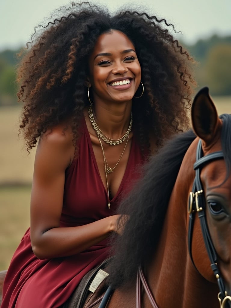 Image features a woman on a horse wearing an elegant red dress. The woman has curly hair and is adorned with layered necklaces. The background showcases a serene landscape, indicating a countryside setting. The pose conveys a blend of grace and joy while emphasizing the close relationship between the rider and horse.