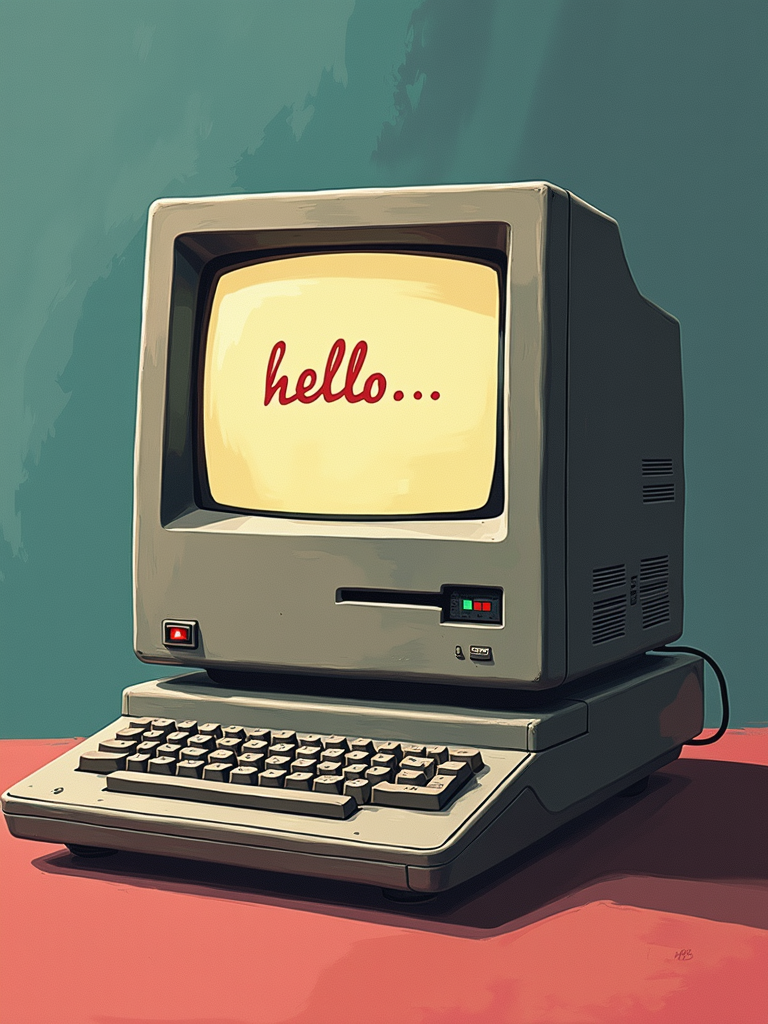 A vintage computer with a beige monitor displaying the word "hello..." in red script on a yellowish screen, set against a teal background.