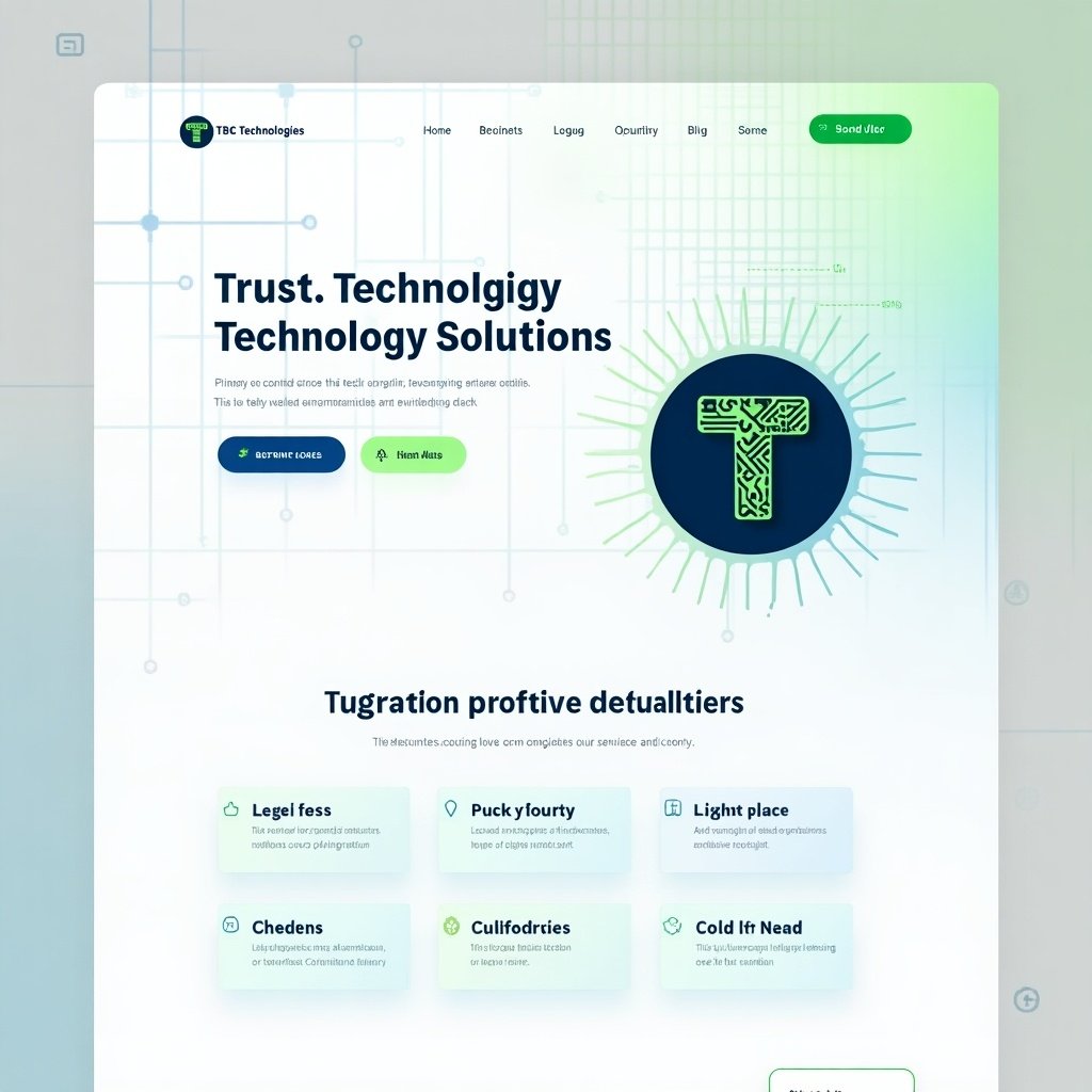 Design a technology company landing page. Use a deep blue, bright green, and white color scheme. Feature a circular logo at the center. Include company name and tagline above and below the logo. Arrange icons for services/products in a grid. Position a call-to-action button at the bottom right. The logo should look like a stylized letter T. Use modern sans-serif fonts for typography. Maintain a clean and professional layout with minimal shadows.
