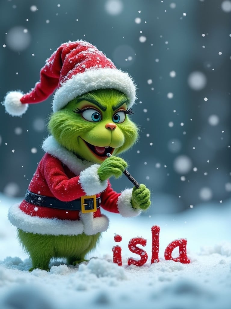 Grinch in a Santa suit writes name 'isla' in snow. Snowflakes fall softly. Wintry festive setting.