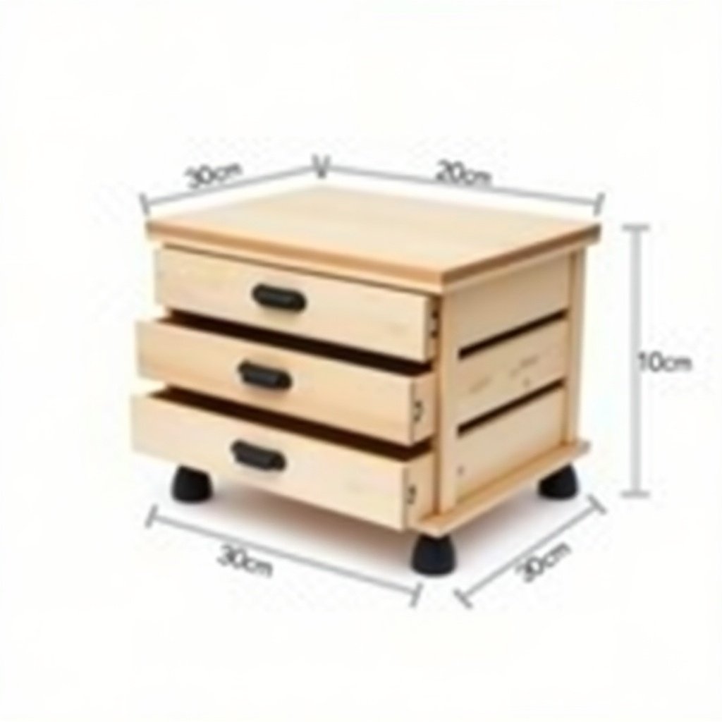 Image shows wooden box with three drawers and removable cutting board. Box dimensions are 30 cm long, 20 cm wide, and 10 cm high. Features four rubber legs for stability.