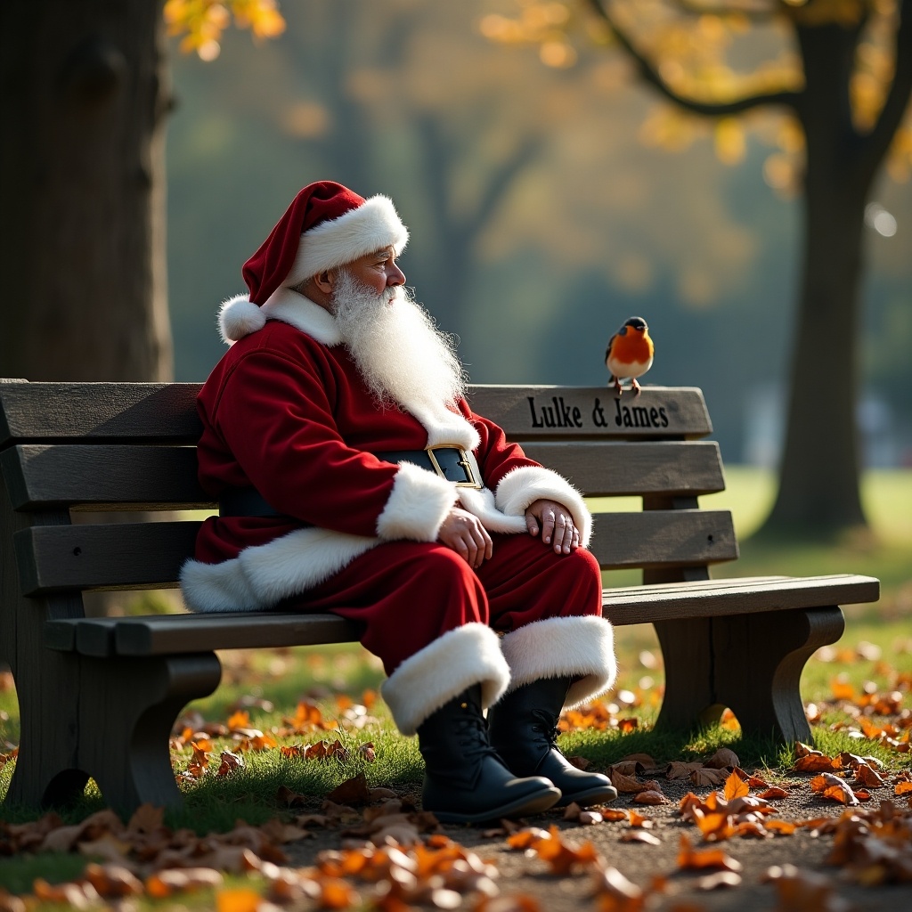 Father Christmas seated on a bench. A red-breasted robin is nearby. Shadow present. Bench engraved with 'Luke & James' in a cemetery setting.