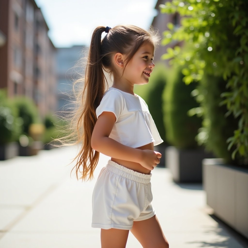 The image depicts a young girl with long hair tied in a ponytail, dressed in a stylish white two-piece outfit. She is outdoors, standing in an urban area with greenery around. The girl is turning slightly and smiling, exuding a cheerful demeanor. The background features buildings, creating a relaxed summer atmosphere. The natural lighting adds warmth to the scene, highlighting her joyful expression.