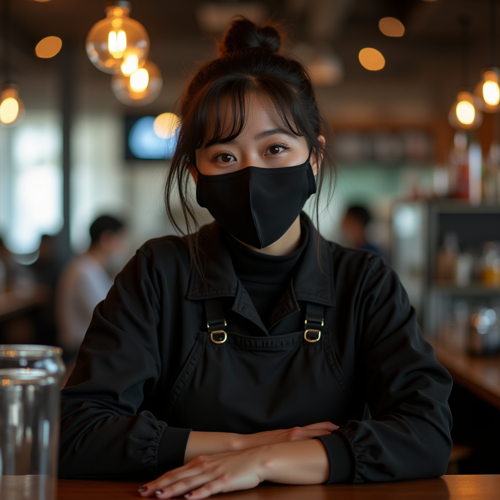 A person wearing a black apron and mask sits at a cafe counter, illuminated by warm hanging lights, with a blurred background of a bustling cafe.