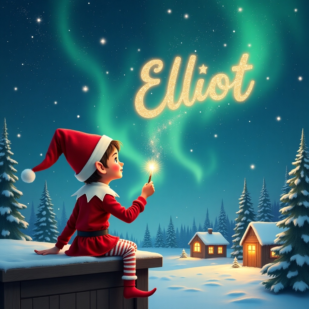 An elf sits on a ledge, gazing at a magical sky with a sparkling wand. The elf is dressed in red with a pointed hat. The name 'Elliot' is written in the sky. Surrounding is a snowy landscape with charming houses and evergreen trees. The scene evokes childhood magic and Christmas cheer. The elf adds the names 'Natasha' and 'Ada' in the sky.