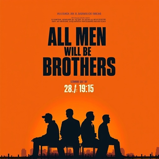 Movie poster for an upcoming movie with the title All men will be brothers. The background color is orange with silhouettes of five men. The date is 28.3. and the time is 19:15.