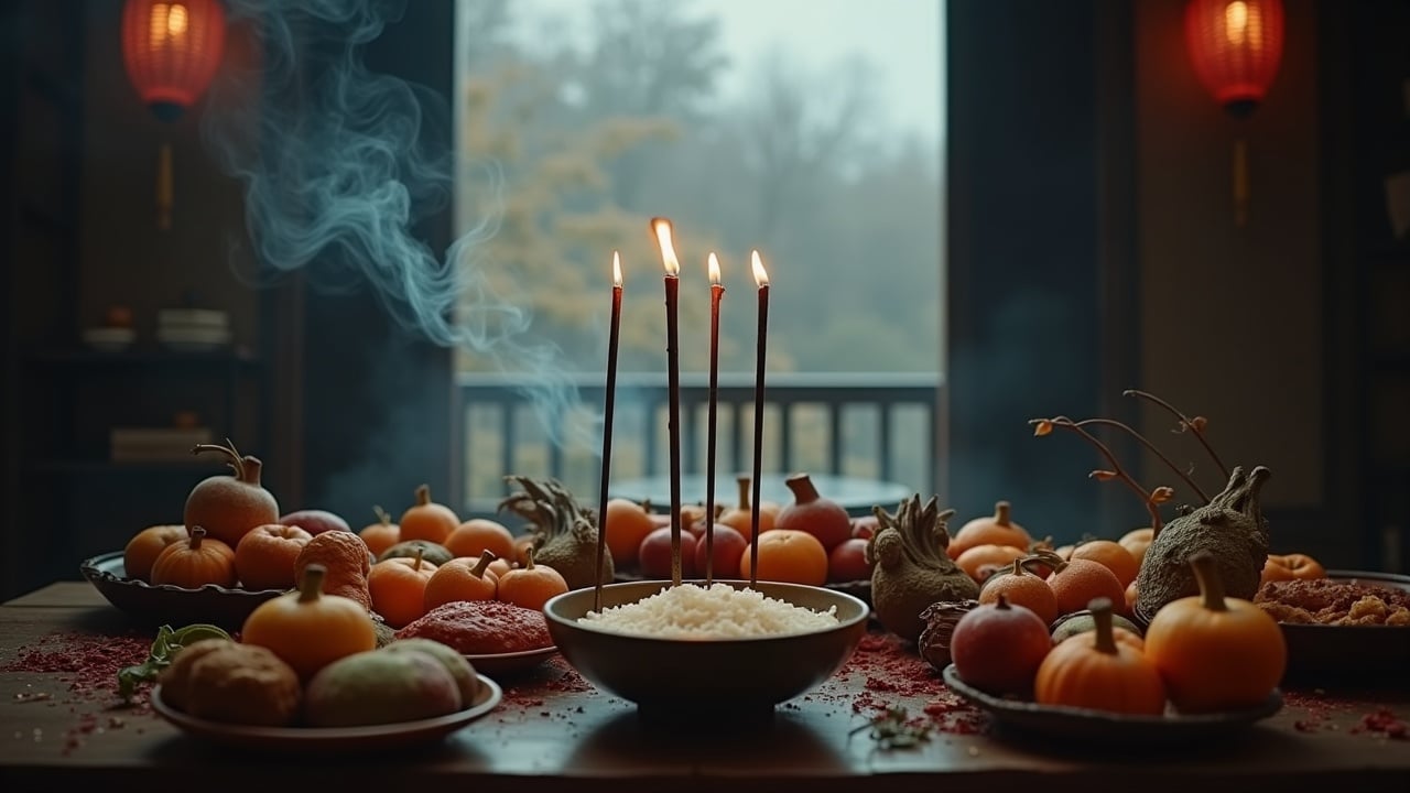 The scene depicts a solemn ancestor worship ceremony at the beginning of winter. In the center, a table is adorned with offerings including fruits, cakes, and a bowl of steaming rice, symbolizing respect for the ancestors. Incense sticks burn, releasing smoke that adds to the atmosphere. The soft light and dark tones create a rich, immersive ambiance. In the background, winter elements like withered leaves and a pale sky subtly enhance the sacred mood. The image emphasizes the beauty and solemnity of this important cultural practice.