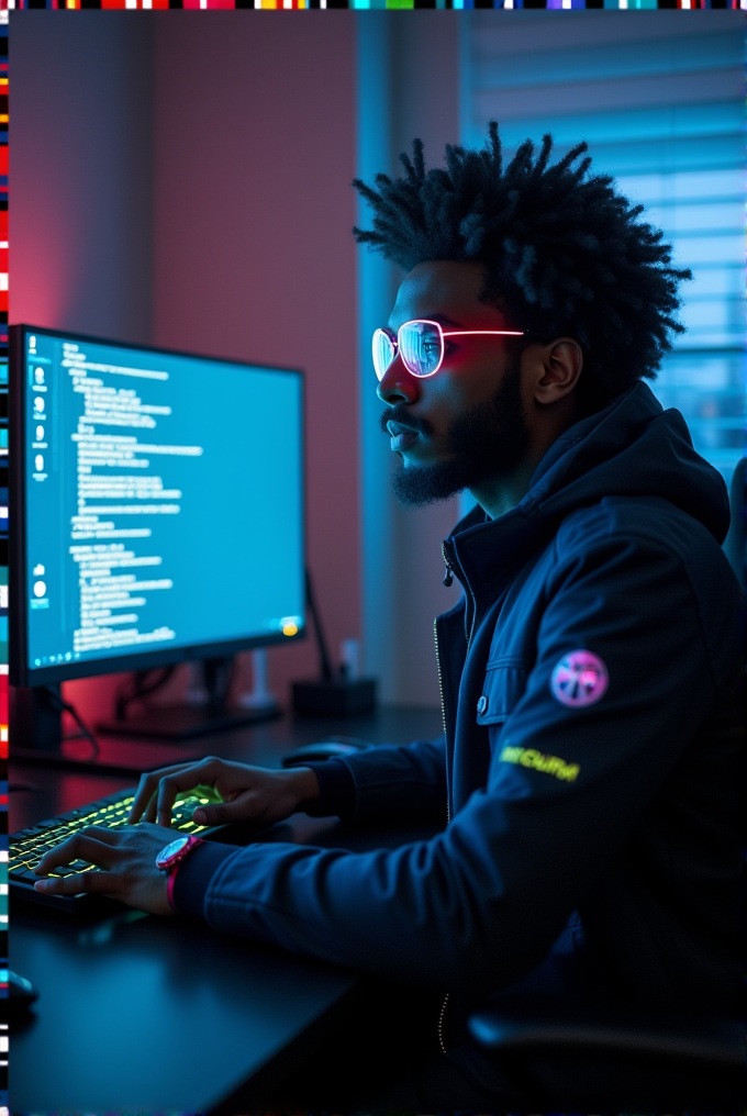 A person in glowing glasses and a dark jacket is typing on a lit-up keyboard at a computer displaying code.