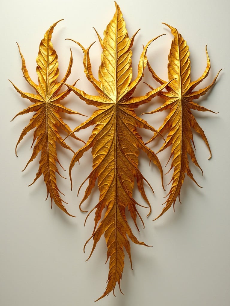 Three golden leaves arranged symmetrically on a wall. The leaves are detailed with natural textures and vibrant golden hues. They stand out against a smooth background.