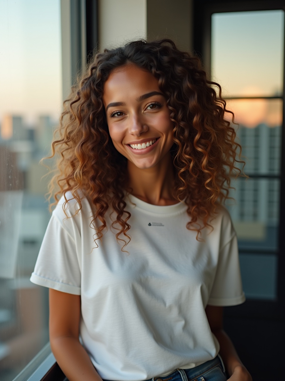 A woman with curly hair smiling while standing by a window during sunset, city skyline in the background.