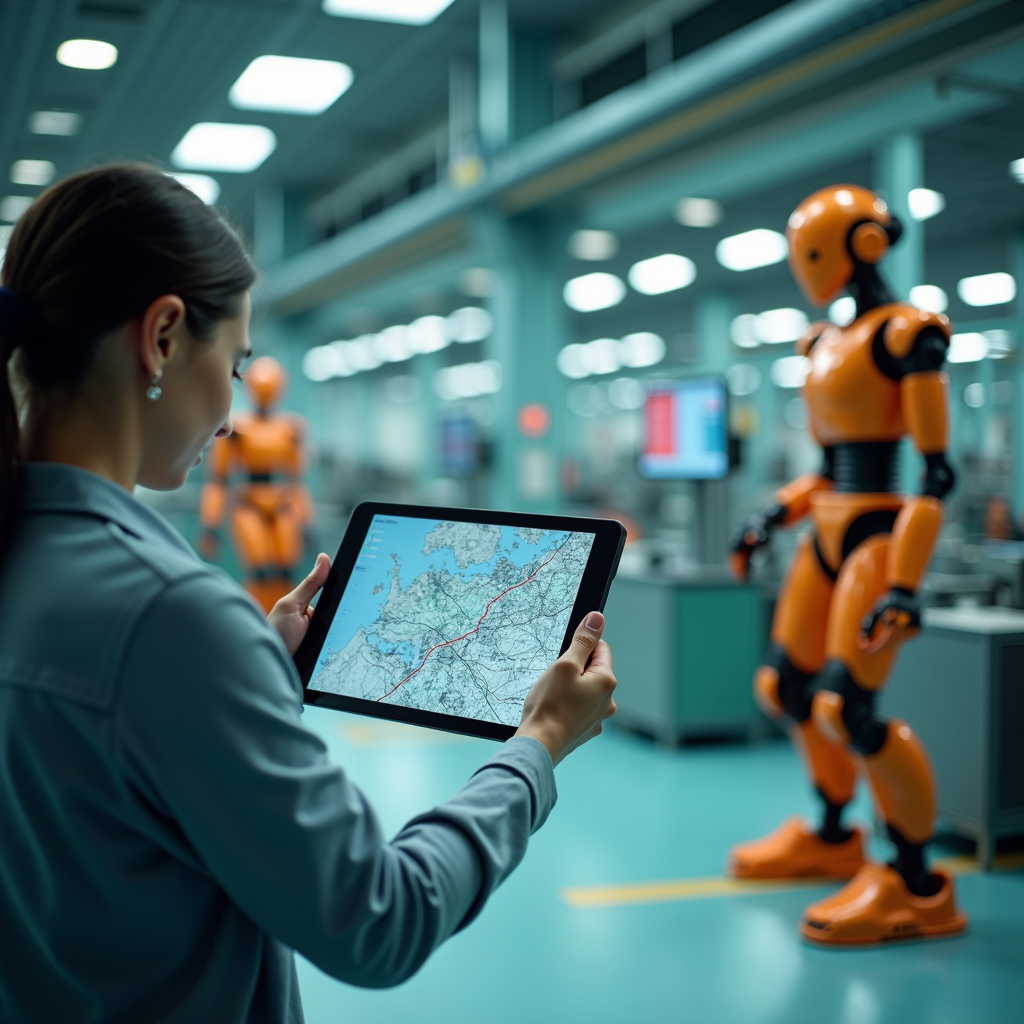 A person uses a digital map on a tablet in a high-tech facility, alongside an orange humanoid robot.