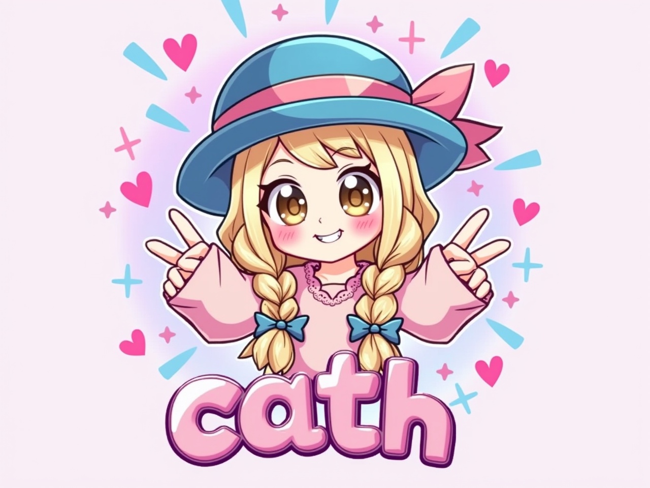 The image features a character styled in the popular game Roblox. The character has long, light-colored hair styled in braids, adorned with a blue hat that has a pink bow. They have a cheerful expression, with a wide smile and pink blush marks on their cheeks. The background is vibrant, featuring a mix of pastel colors, hearts, and sparkles, creating a playful and cute atmosphere. The name 'cath' is prominently displayed at the bottom in a bold, stylish font. This character appears to be posing playfully, enhancing the lively and youthful vibe of the image.