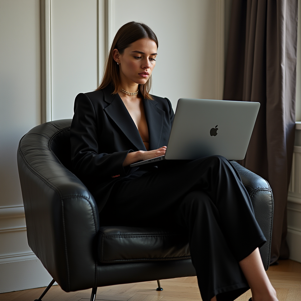 A woman in a sophisticated black outfit working on a laptop from a luxurious chair.