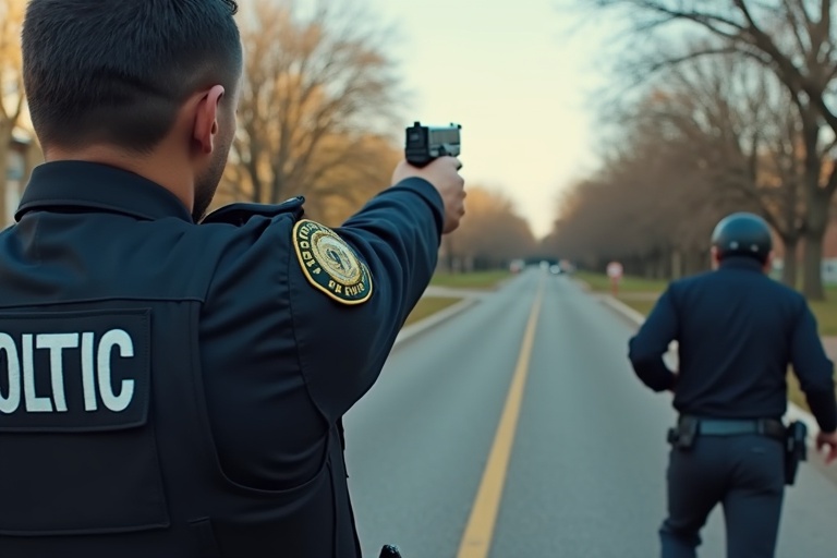 Body cam perspective view. Uniformed police officer aims firearm towards fleeing suspect on street. Natural daylight. Tension-filled moment in active policing scenario.