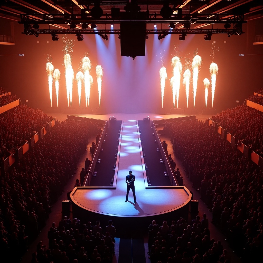 Aerial view of a concert at Madison Square Garden. Stage with T-shaped runway. Performer stands center stage surrounded by flares and fireworks. Audience captivated.