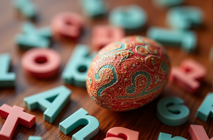 A detailed, colorfully decorated egg with swirling patterns is surrounded by scattered, bold, pastel-colored letters on a wooden surface.