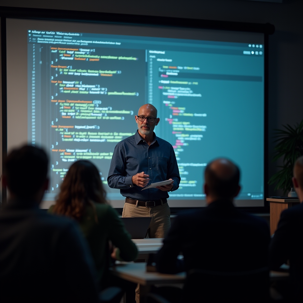 A professional delivering a presentation on programming to an audience in a dimly lit room.