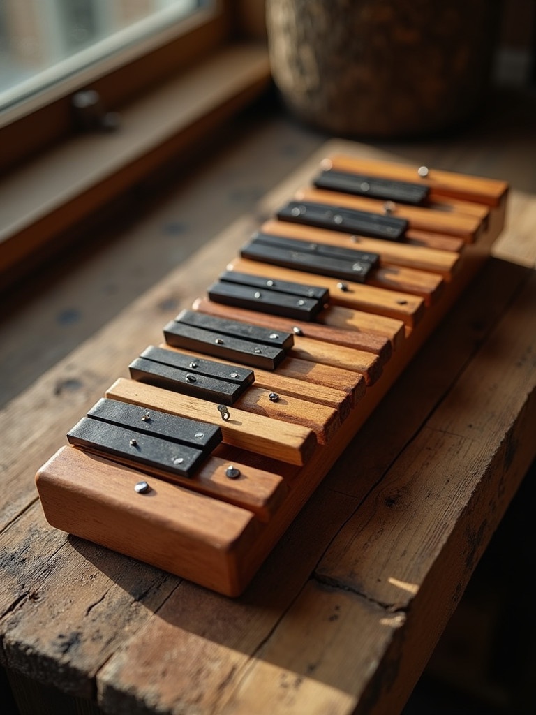 Realistic image of a wooden xylophone resting on a wooden table with window light. The xylophone features natural wood tones and metallic bars.