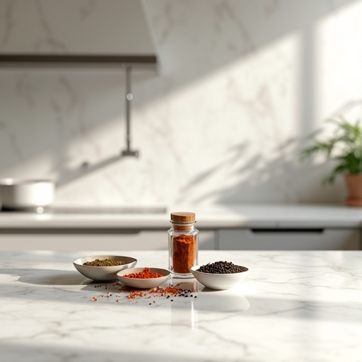 Clean white marble kitchen counter with bowls of spices. Spices include cumin paprika and black pepper. Minimalistic bright kitchen background with soft daylight. Elegant cozy style with spice jar in focus and subtle background blur.