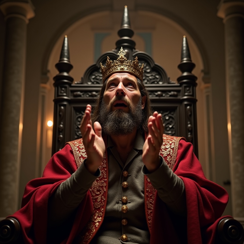 The image showcases a rich, sad king sitting on his ornate throne in a grand castle room. He looks upward with a face full of sorrow, tears welling in his eyes, as if in prayer. His hands are raised in a pleading gesture, conveying a deep sense of emotion. The background features classic architectural elements of a castle, creating a dramatic ambience. The warm and realistic lighting accentuates the king's emotional state, making the scene both poignant and captivating.