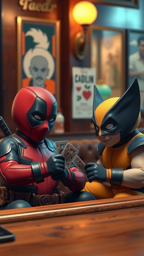 Two costumed characters are engaged in a friendly game of poker in a cozy, dimly-lit bar. The scene is lighthearted and playful, setting an unusual backdrop of superheroes indulging in a mundane human activity. The softly glowing lights and warm color palette add to the whimsical atmosphere.