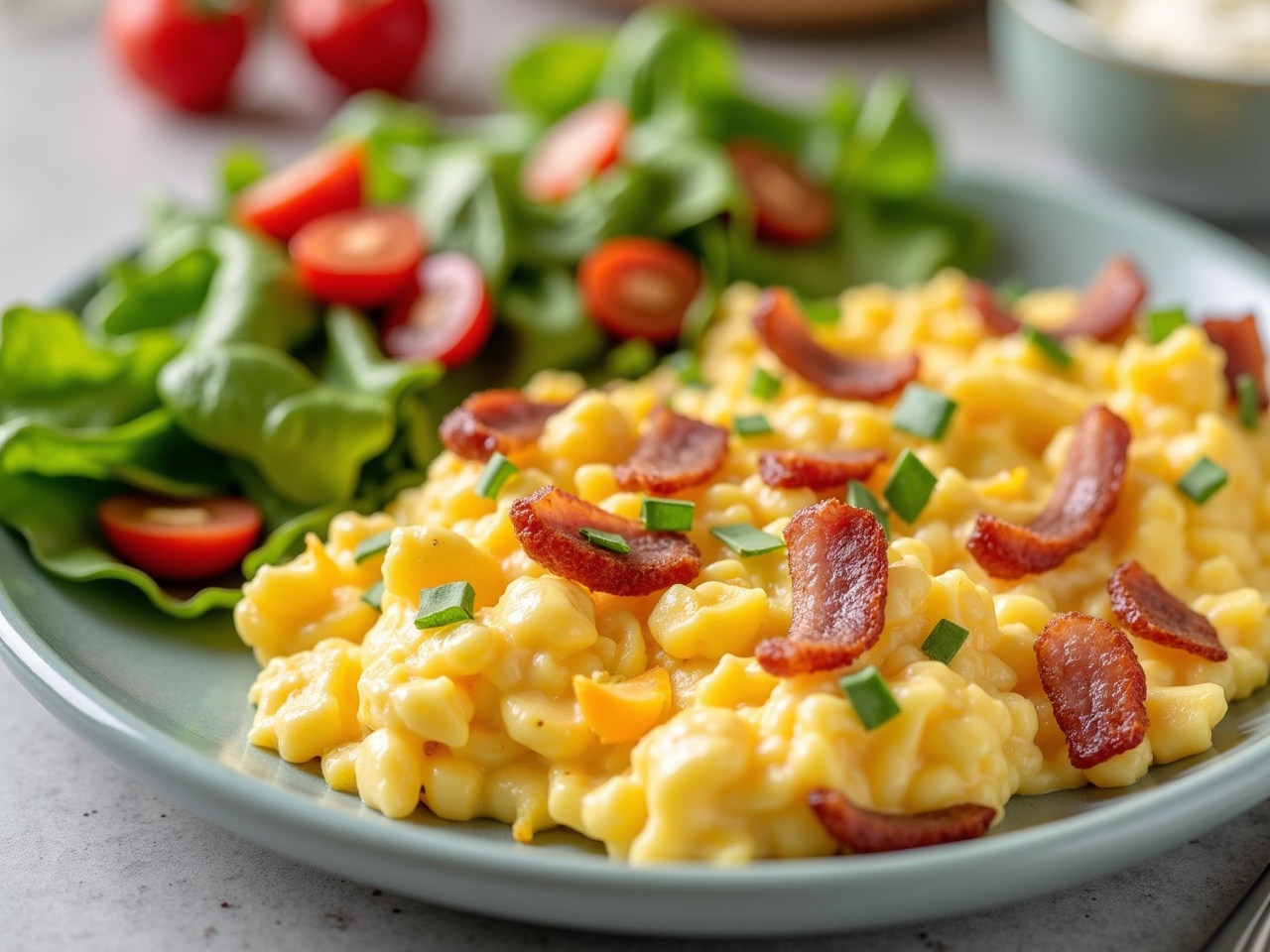 The image showcases a delicious plate of scrambled eggs topped with crispy bacon and melted cheese, served alongside a fresh salad. The eggs have a creamy texture that looks inviting and hearty. The vibrant greens of the salad with cherry tomatoes add a refreshing contrast to the dish. This colorful presentation emphasizes the meal's appeal. Ideal for breakfast or brunch, this hearty dish combines savory flavors with a touch of freshness from the salad.