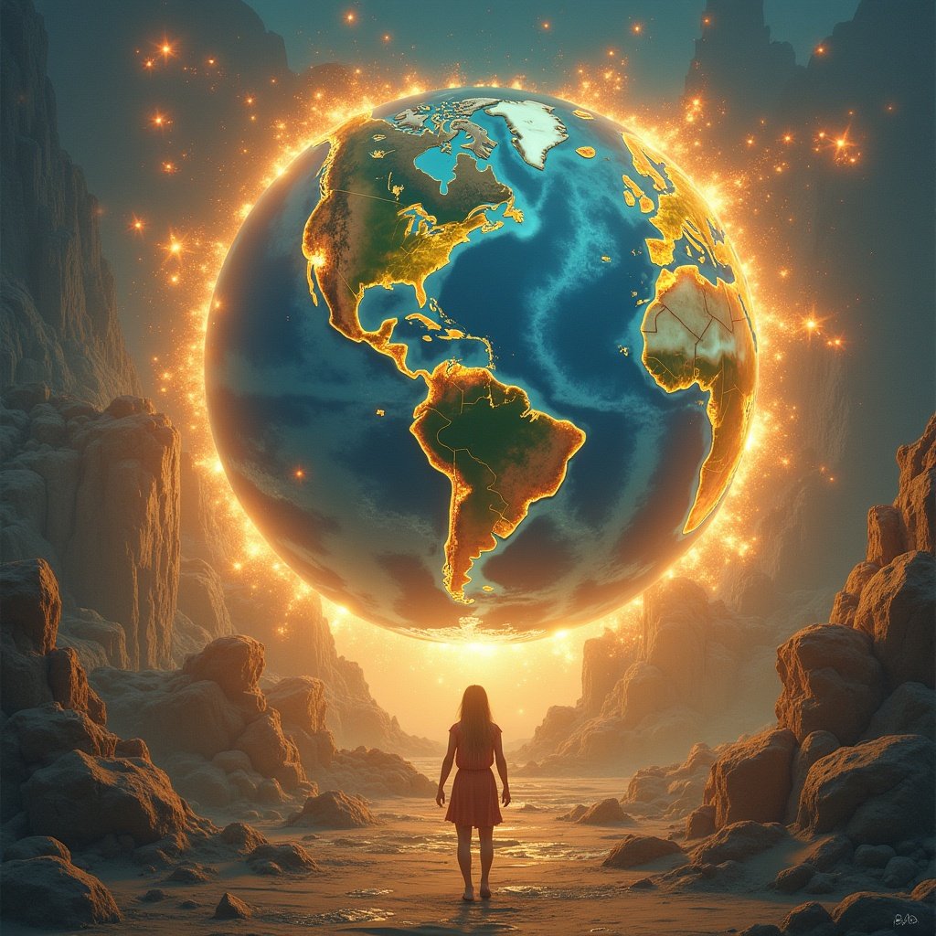 A young girl stands in a rocky landscape gazing at a large, glowing Earth. The Earth is beautifully detailed and shining, creating a mystical atmosphere.