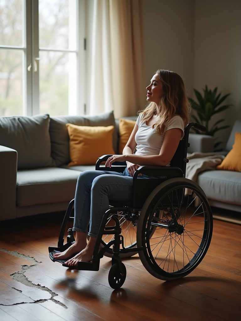 A woman in a wheelchair gazes thoughtfully out a bright window, sitting in a cozy living room with yellow pillows on a couch.