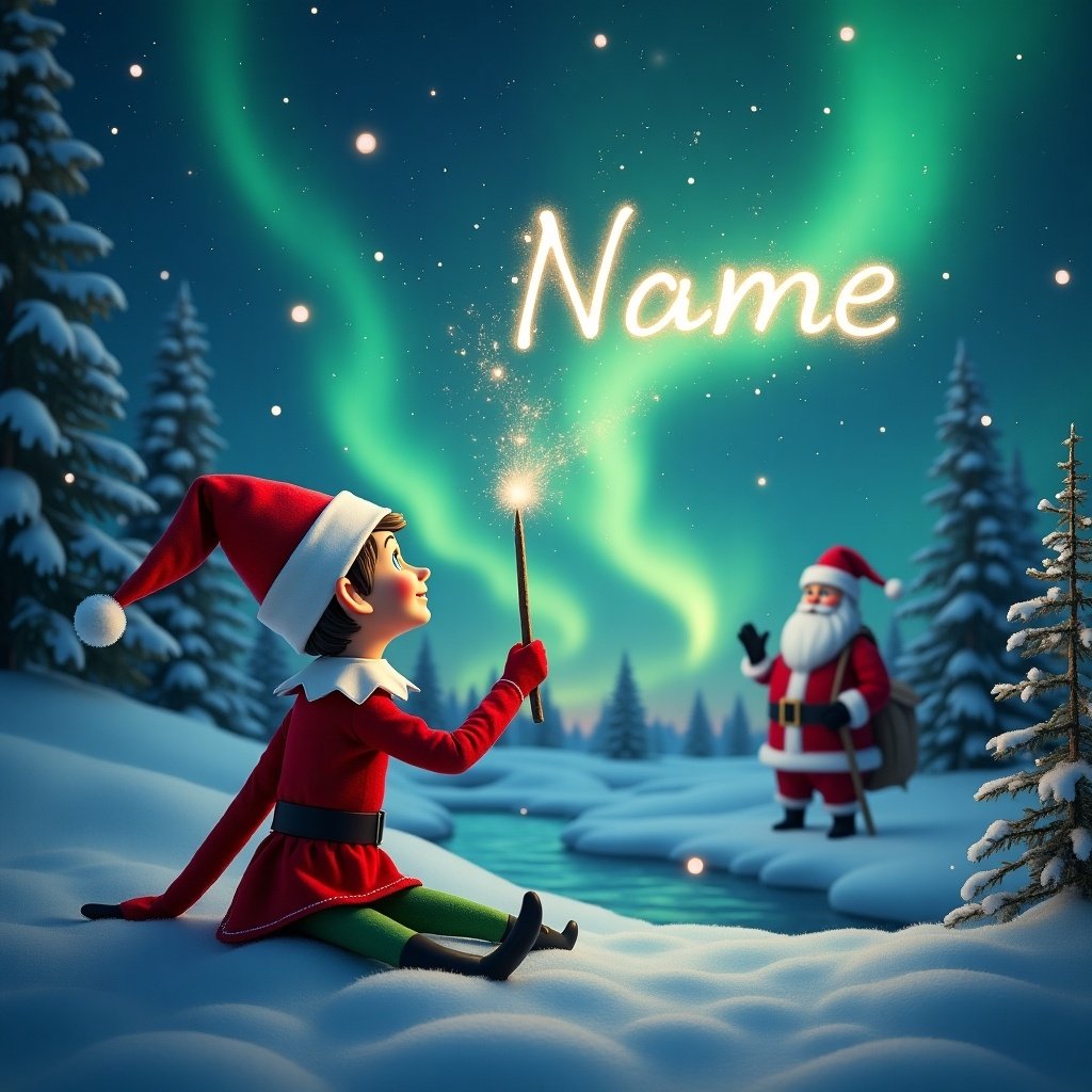 Elf faces sky holding a wand. Name 'River' is written in the air. Magical Christmas scene features northern lights and Santa Claus in the background.