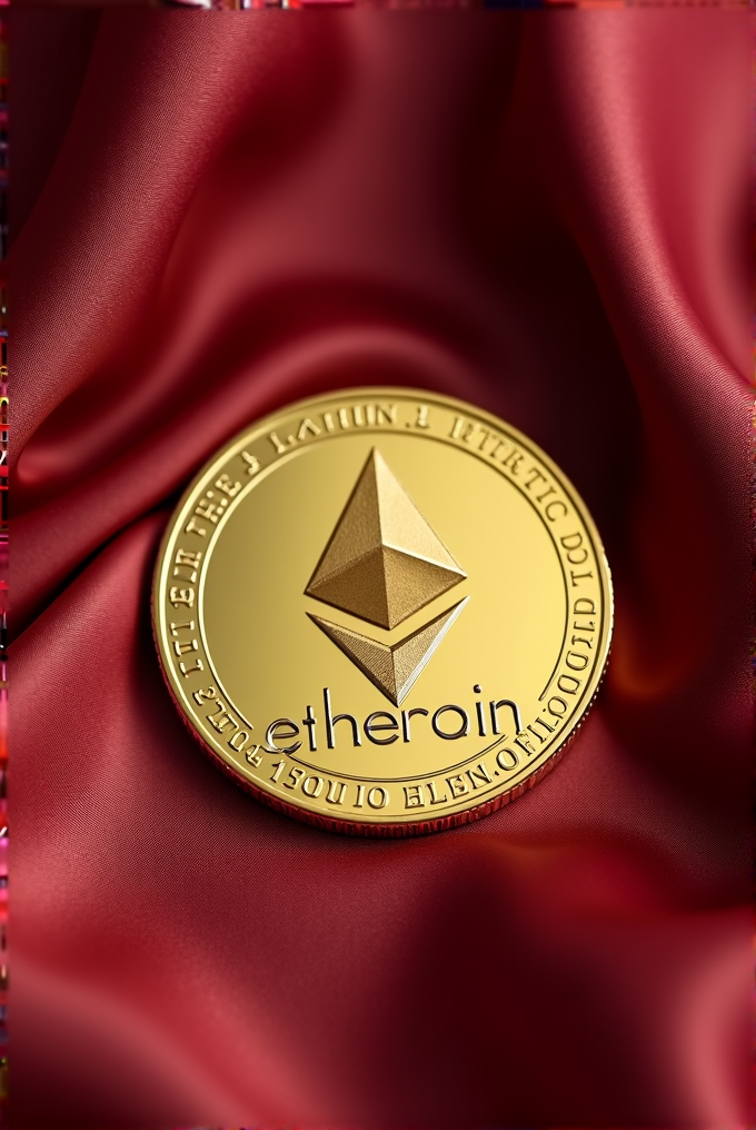 A golden "etheroin" coin rests on a rich red silky fabric.