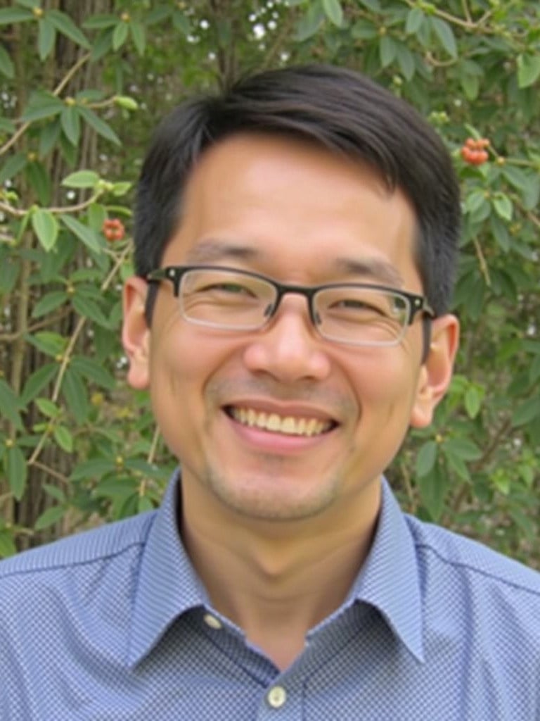 Individual poses outdoors in front of a green backdrop. The image features an individual who is likely engaged in academia. Background displays dense foliage possibly suggesting a university or scholarly environment. Coworking collaborations also indicated.