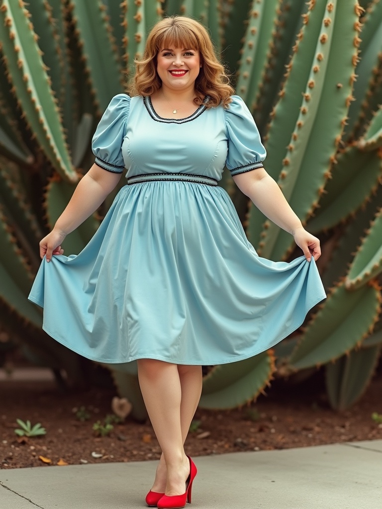 A cheerful woman stands confidently in front of a large cactus, wearing a light blue dress with puffed sleeves and red high-heeled shoes. Her bright smile and playful pose add a vibrant contrast to the muted green background of the cactus, making her the focal point of the image. The composition is balanced and emphasizes both the texture of the plant and the smooth fabric of the dress.