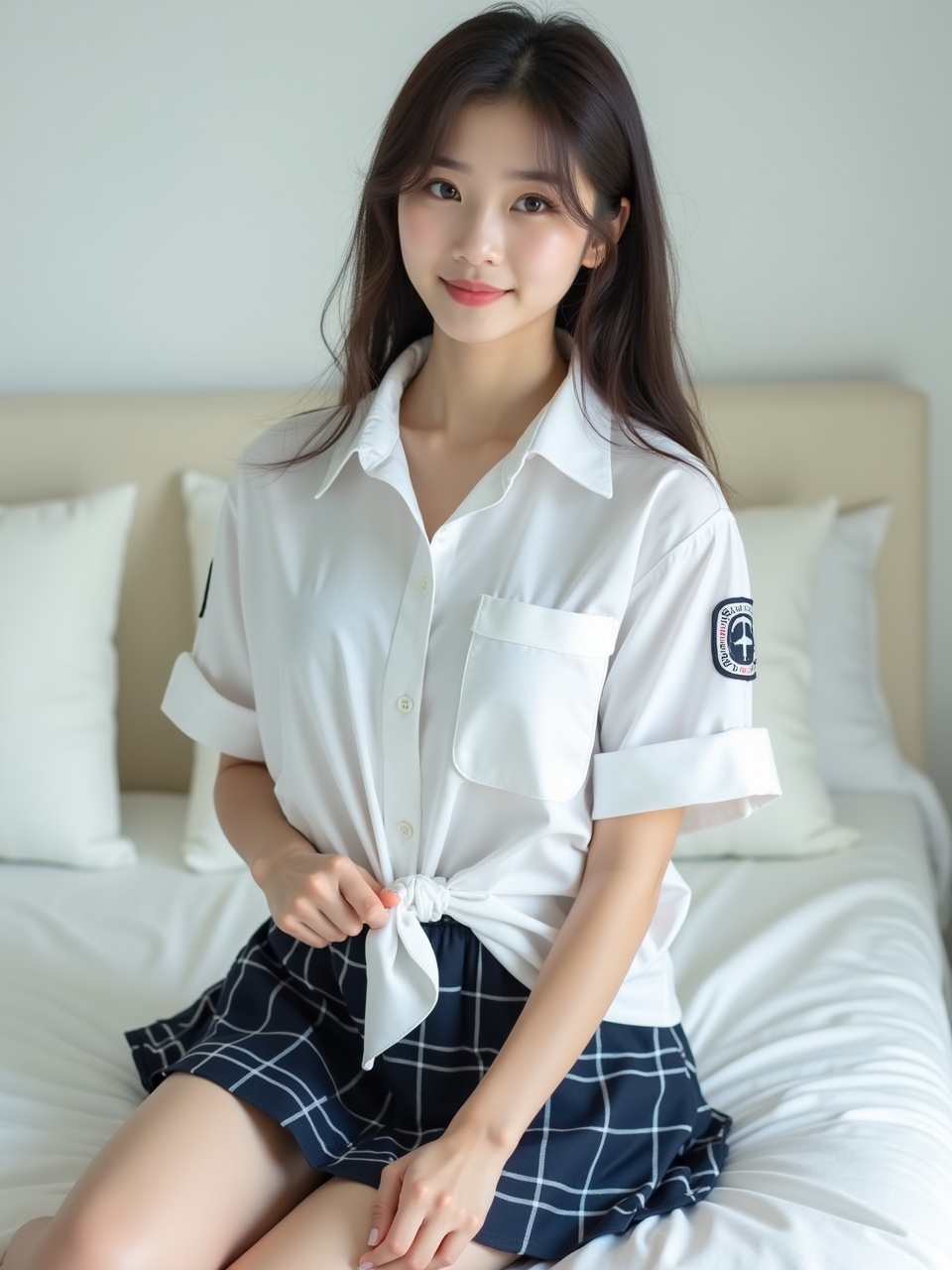 A young woman sitting on a bed, wearing a white shirt and checkered skirt, smiling softly at the camera.